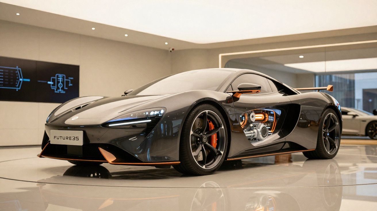 Carro esportivo futurista cinza com detalhes em laranja exposto em showroom moderno e elegante.