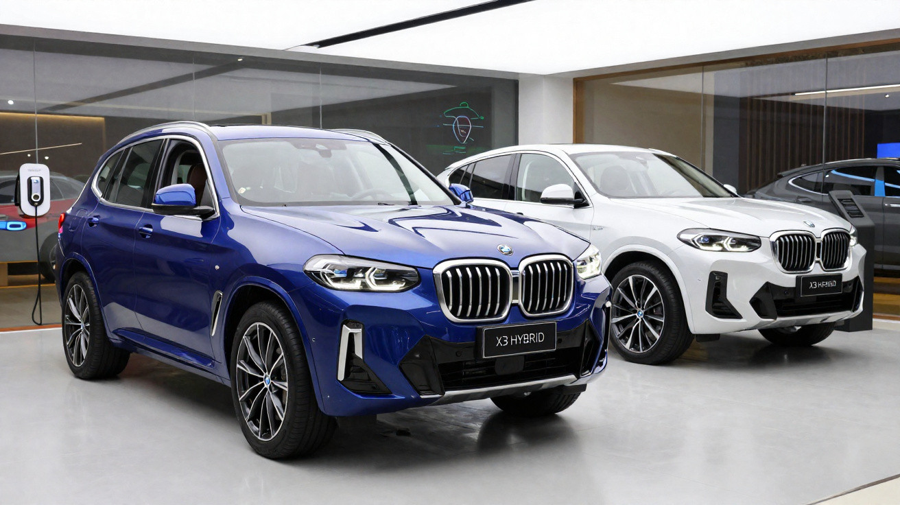 Dois carros BMW X3 Hybrid, um azul e outro branco, exibidos em showroom moderno e iluminado.
