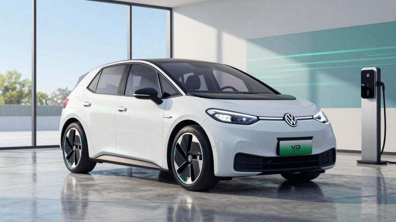 Carro elétrico branco Volkswagen ID estacionado em um ambiente interno moderno com estação de recarga.
