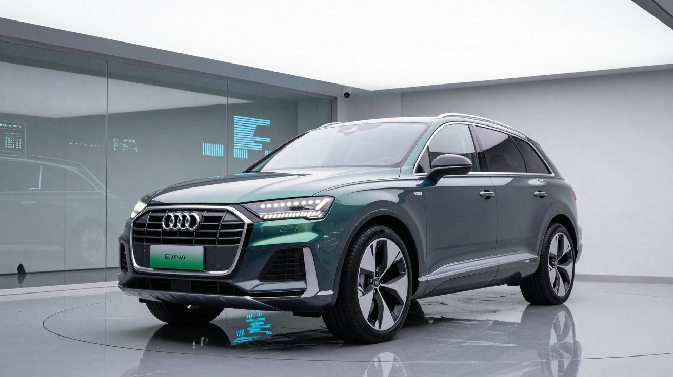 Carro SUV elétrico Audi E-tron verde estacionado em ambiente interno moderno com piso refletivo.