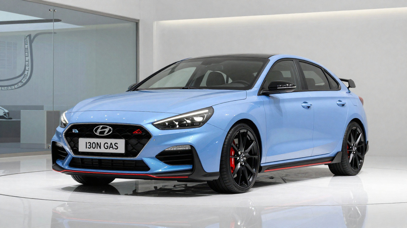 Carro esportivo Hyundai i30N azul claro em destaque com detalhes pretos e rodas pretas.