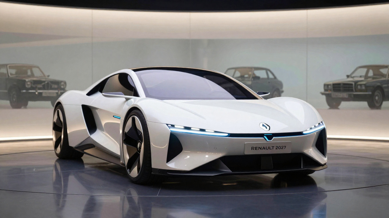 Carro esportivo branco futurista Renault 2027 em vitrine com luzes de LED azuis e fundo com carros clássicos desfocados.