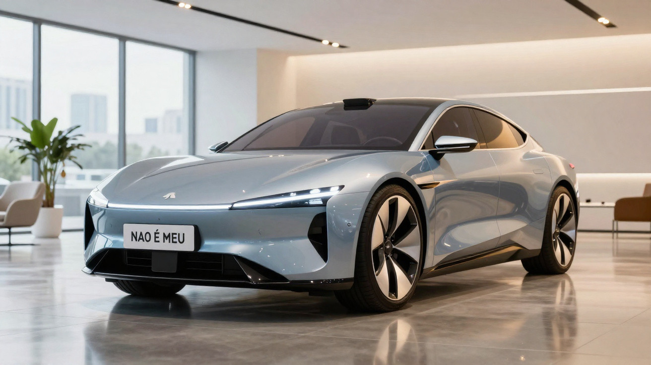 Carro elétrico cinza moderno em showroom, placa dianteira com texto "NAO É MEU".