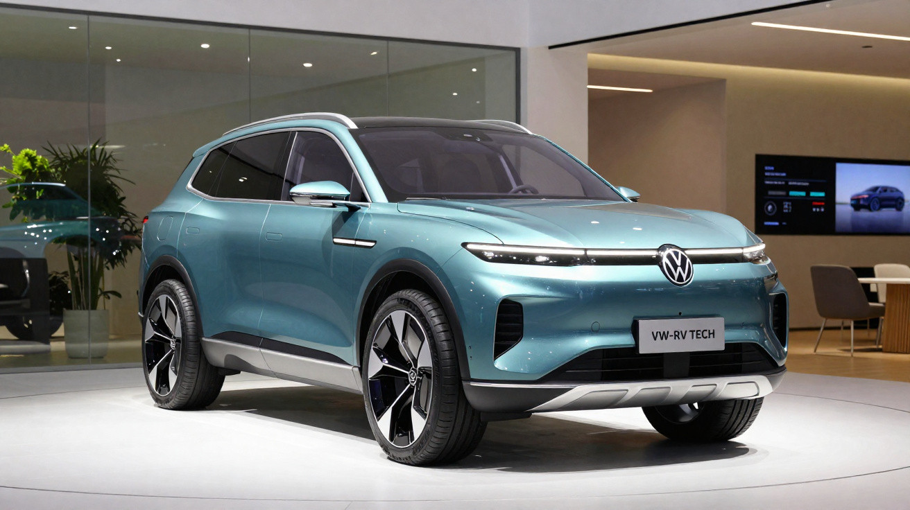 Carro elétrico Volkswagen VW RV TECH azul exibido em estande moderno com iluminação destacada.