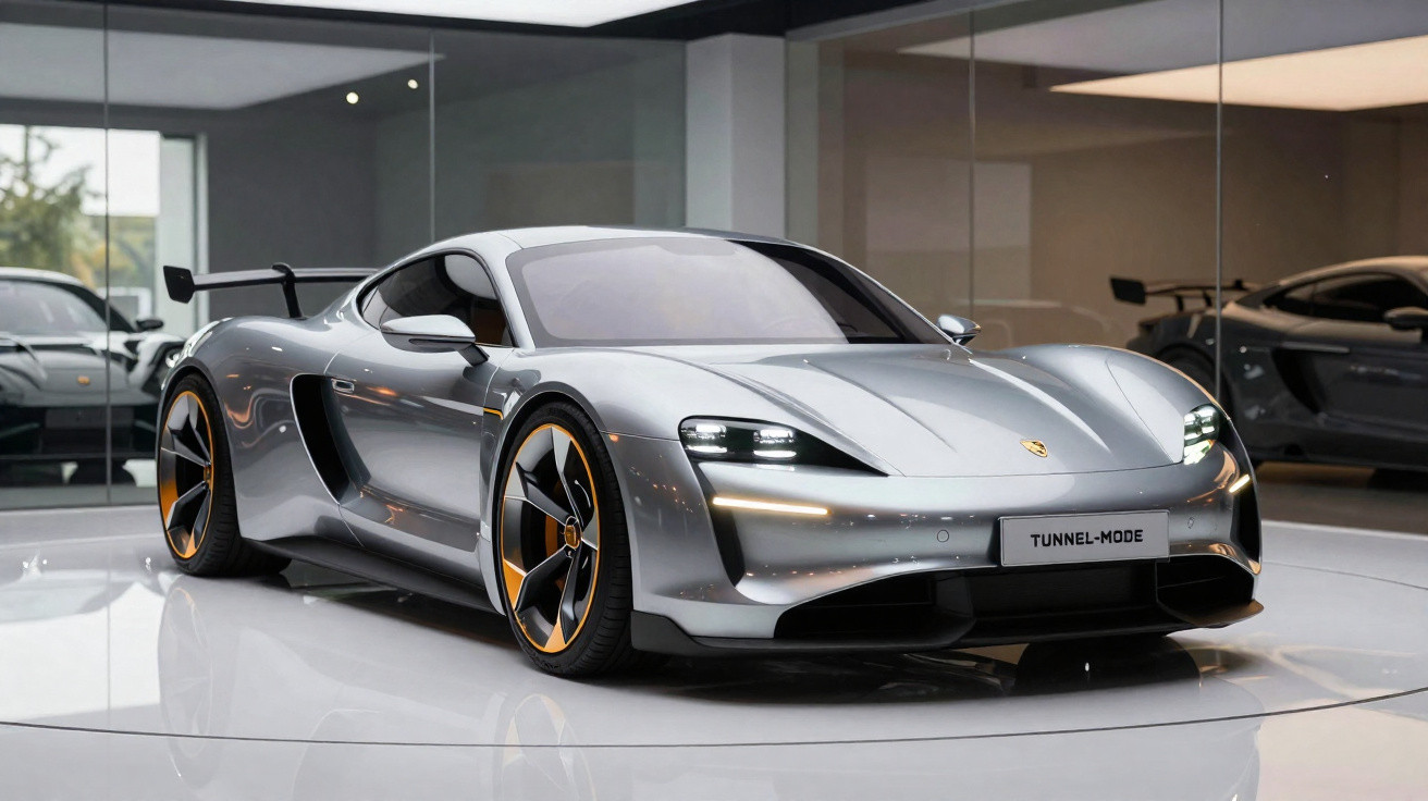 Carro esportivo prata Porsche Taycan em exposição, com rodas e detalhes em amarelo.