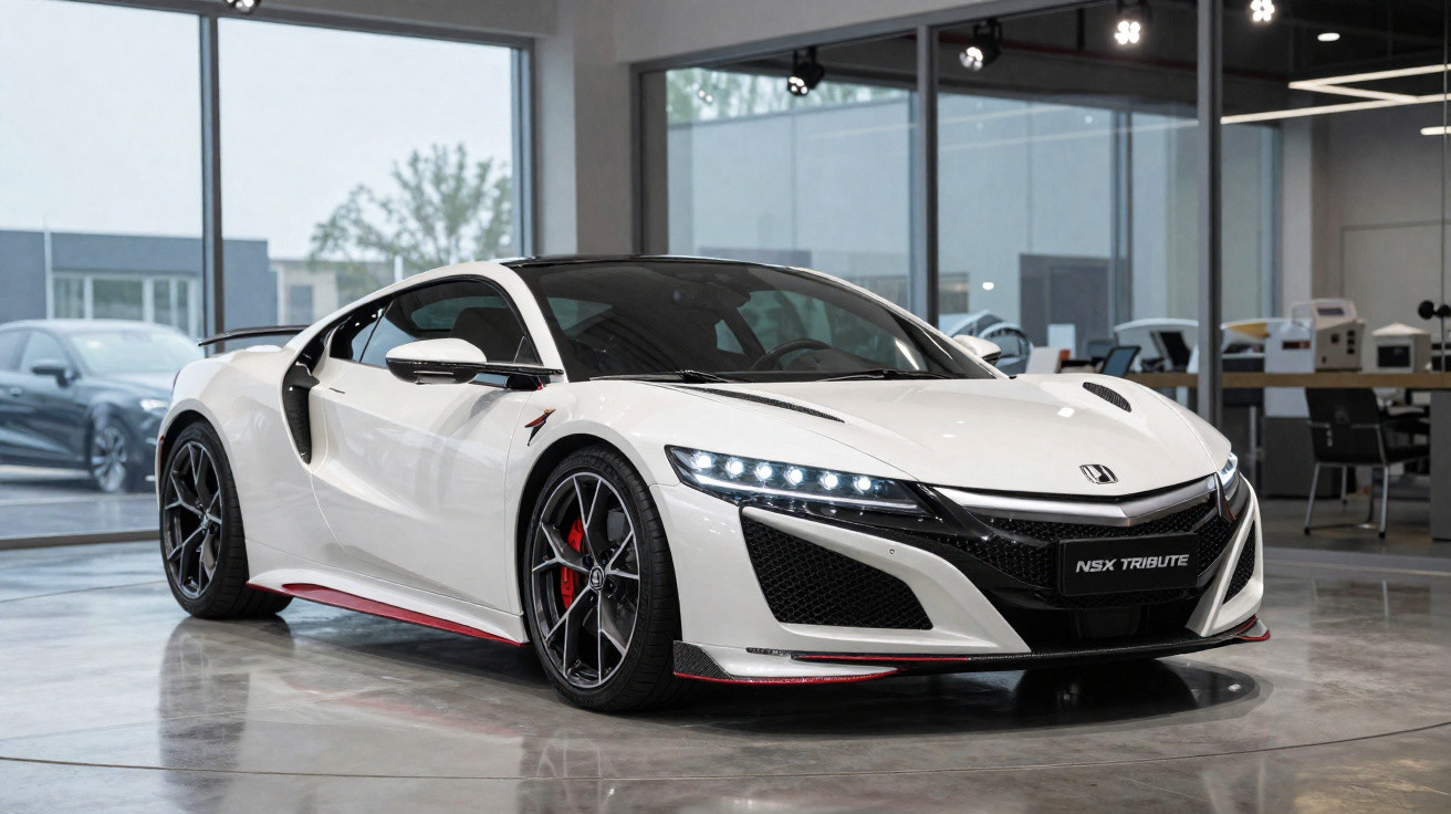 Carro esportivo branco Honda NSX Tribute em showroom moderno com piso refletivo e iluminação interna.
