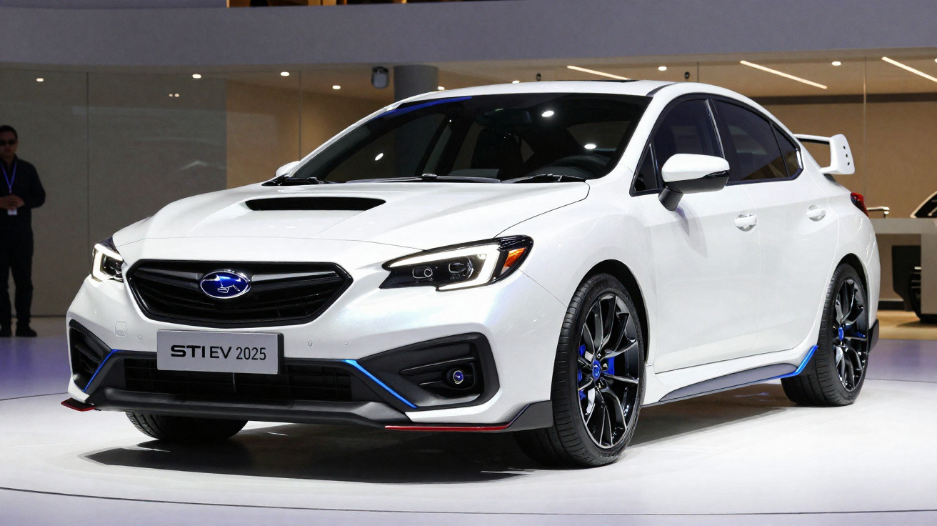Carro esportivo branco Subaru STI EV 2025 em exposição com detalhes em azul e rodas pretas brilhantes.