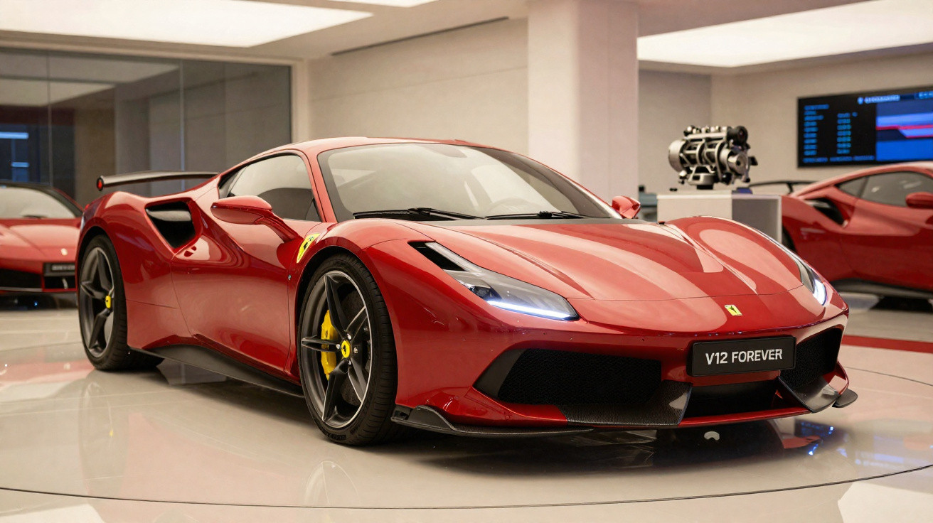Carro esportivo Ferrari vermelho com motor V12 em exposição interna iluminada.