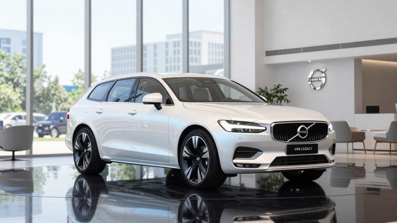 Carro Volvo V90 Legacy branco exibido em showroom moderno com janelas amplas e poltronas ao fundo.