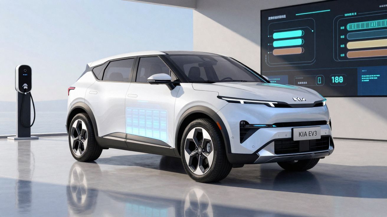 Carro elétrico branco Kia EV3 estacionado próximo a posto de recarga em ambiente moderno e iluminado.