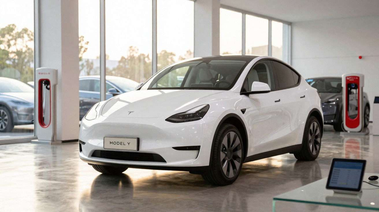 Carro elétrico branco Tesla Model Y exibido em salão com carregadores Tesla ao fundo.