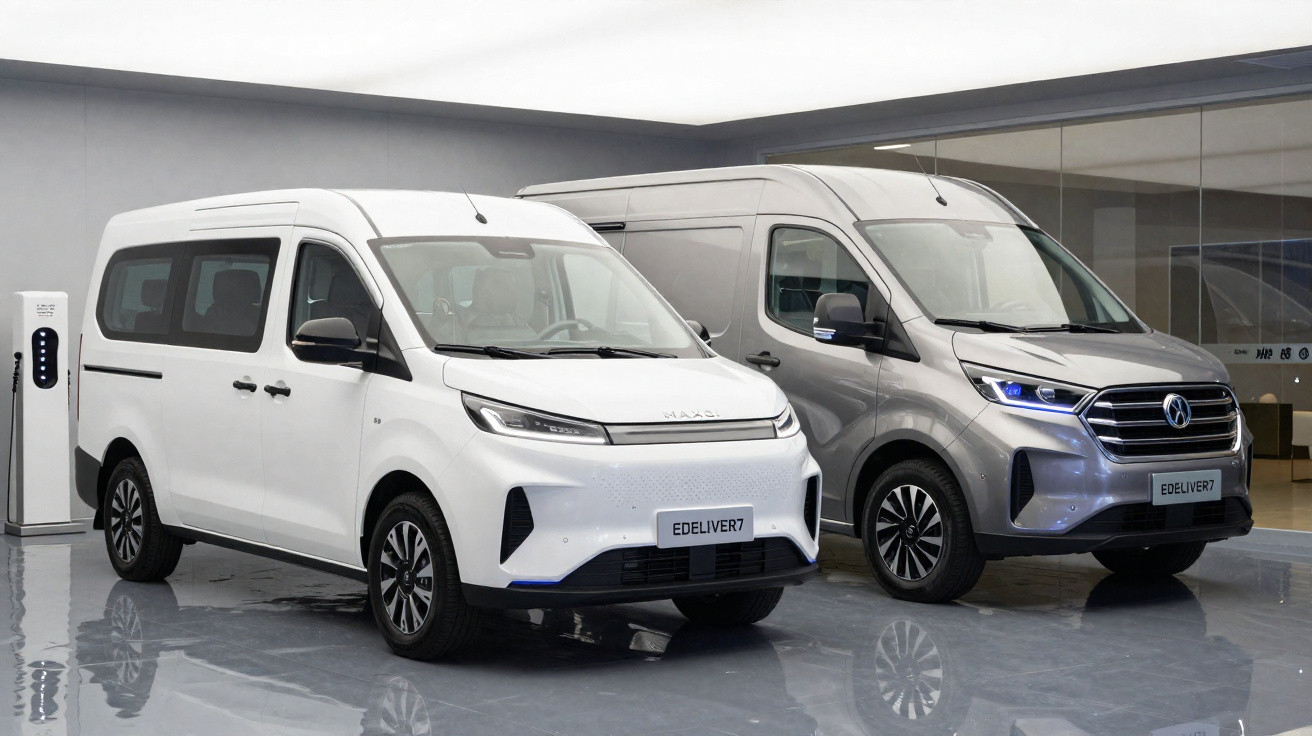 Duas vans elétricas EDELIVER7, uma branca e uma cinza, estacionadas em ambiente interno moderno.