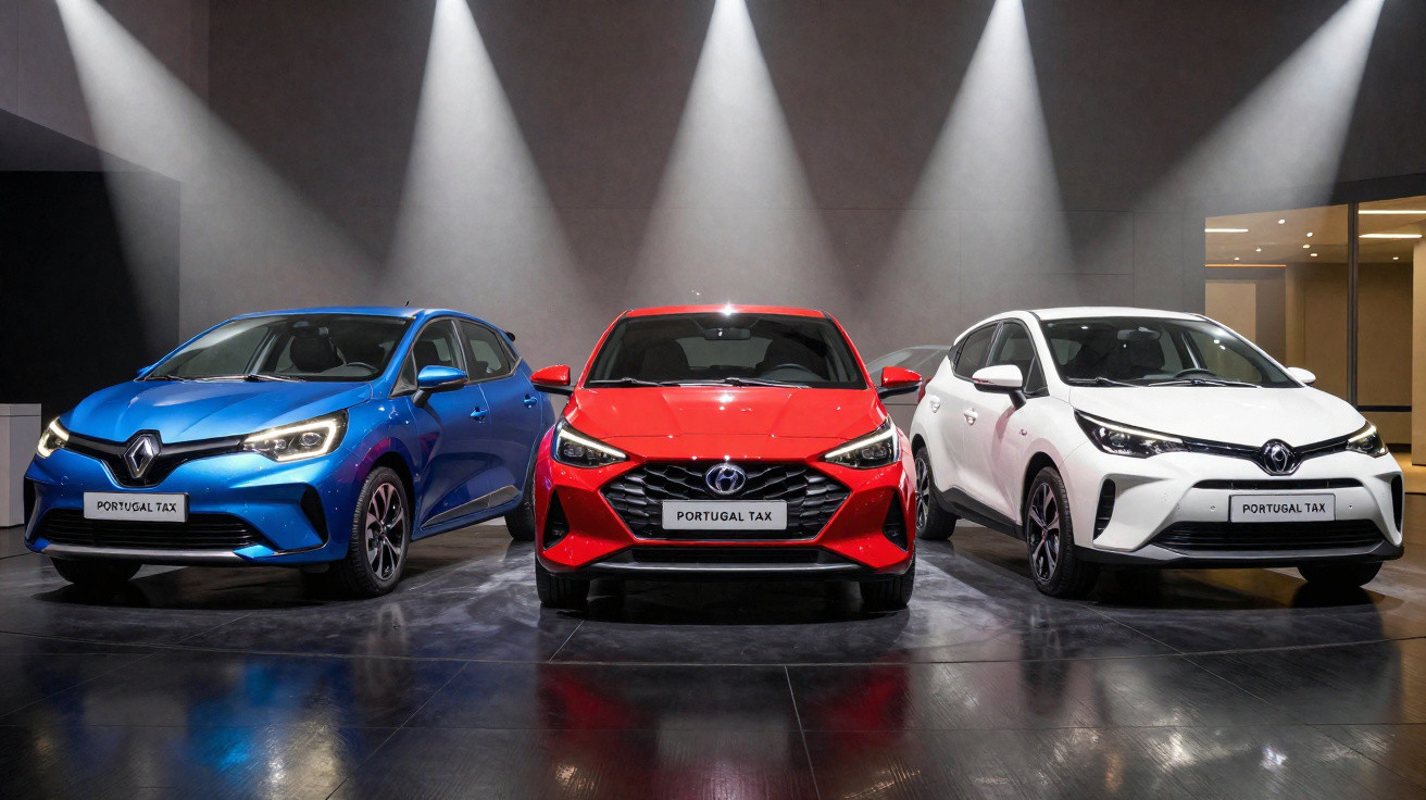 Três carros novos em exposição sob luzes focais, nas cores azul, vermelho e branco, com placas Portugal Tax.