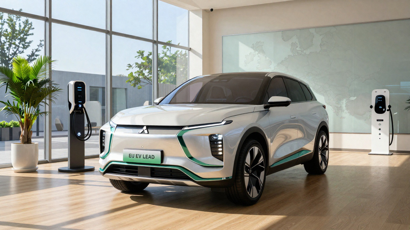 Carro elétrico branco Mitsubishi EU EV Lead em showroom com carregadores e piso de madeira.