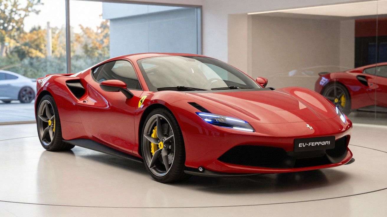 Carro esportivo Ferrari vermelho estacionado em ambiente interno com rodas cinza e freios amarelos.