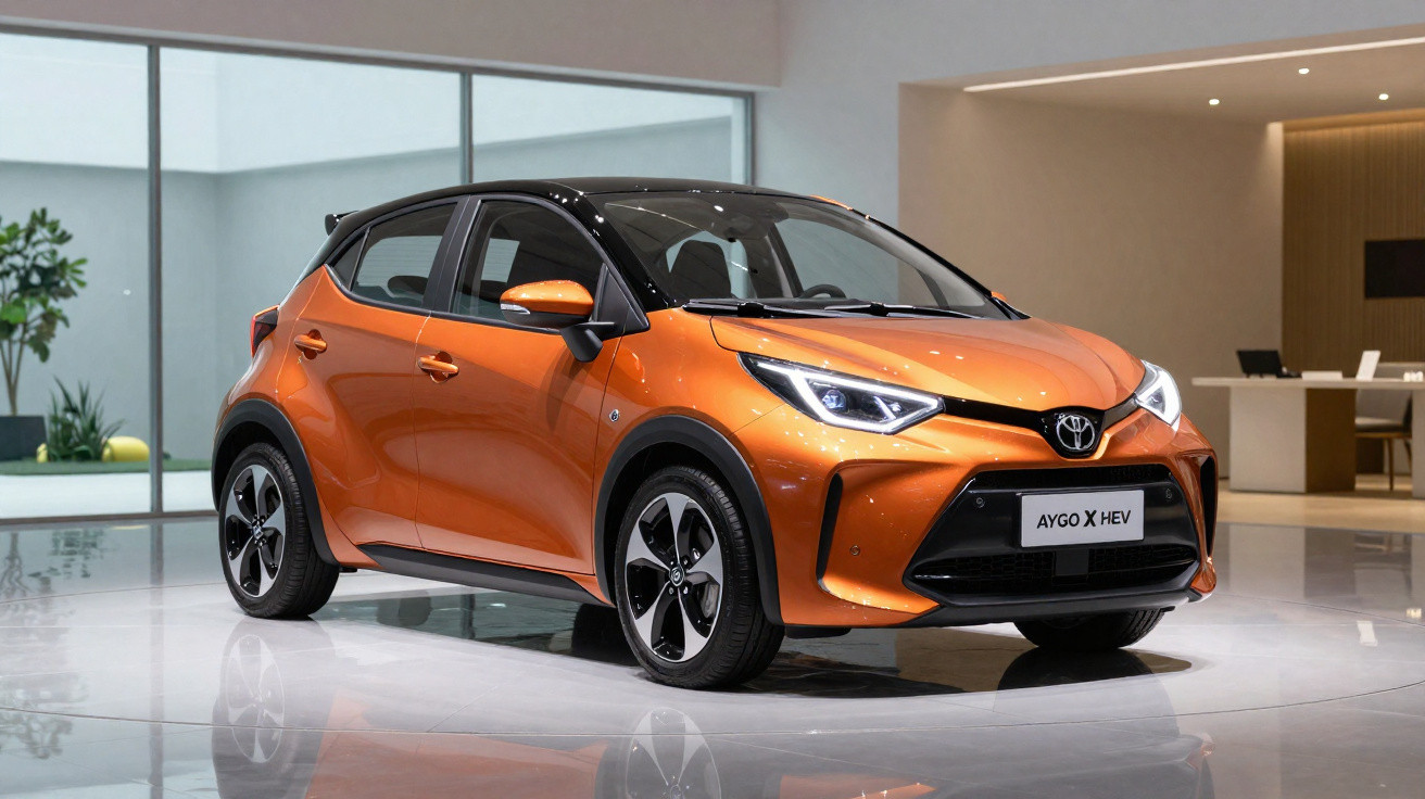 Carro Toyota Aygo X HEV laranja com teto preto em showroom moderno e iluminado.