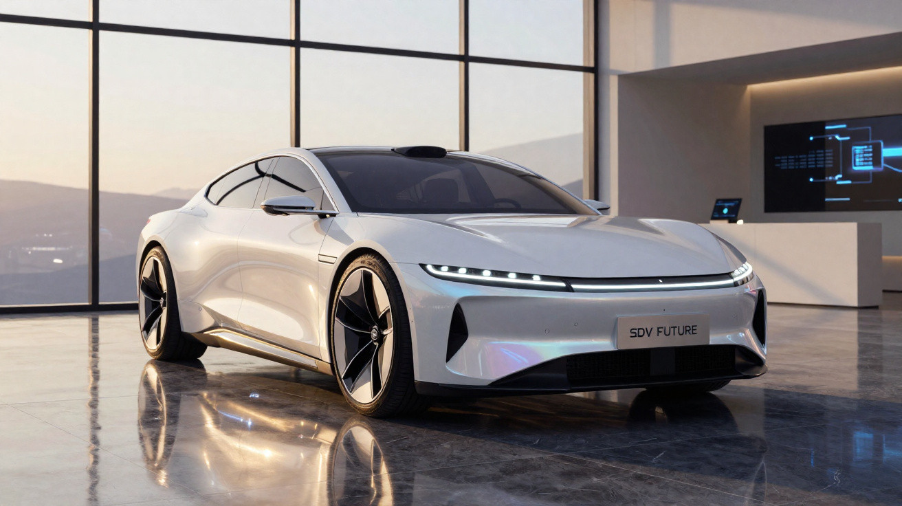 Carro elétrico branco futurista com design aerodinâmico em showroom moderno com chão refletivo.