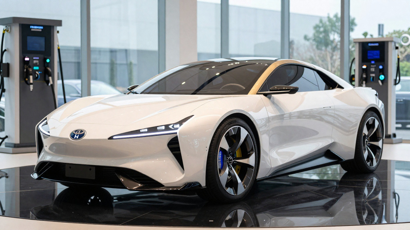 Carro esportivo elétrico branco da Hyundai exibido em showroom com estação de recarga ao fundo.