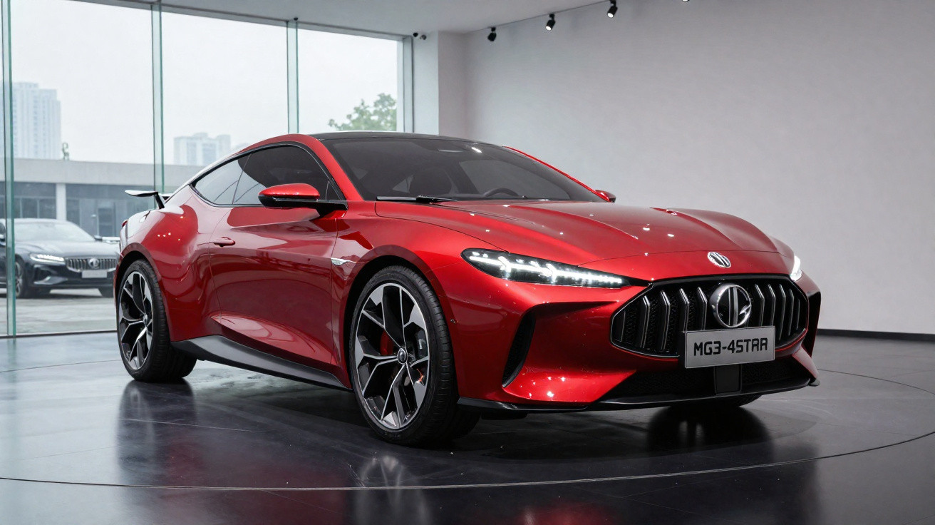 Carro esportivo vermelho MG3-45TRA em exposição em ambiente interno moderno com iluminação direta.