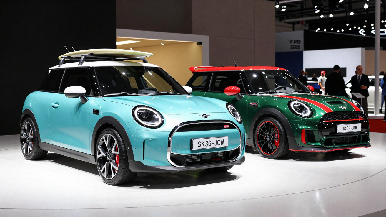 Dois carros Mini Cooper expostos, um azul com prancha de surf no teto e outro verde com detalhes vermelhos.