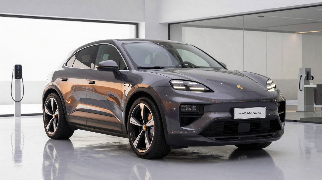 Carro elétrico Porsche Macan Next cinza estacionado em ambiente interno moderno e minimalista.