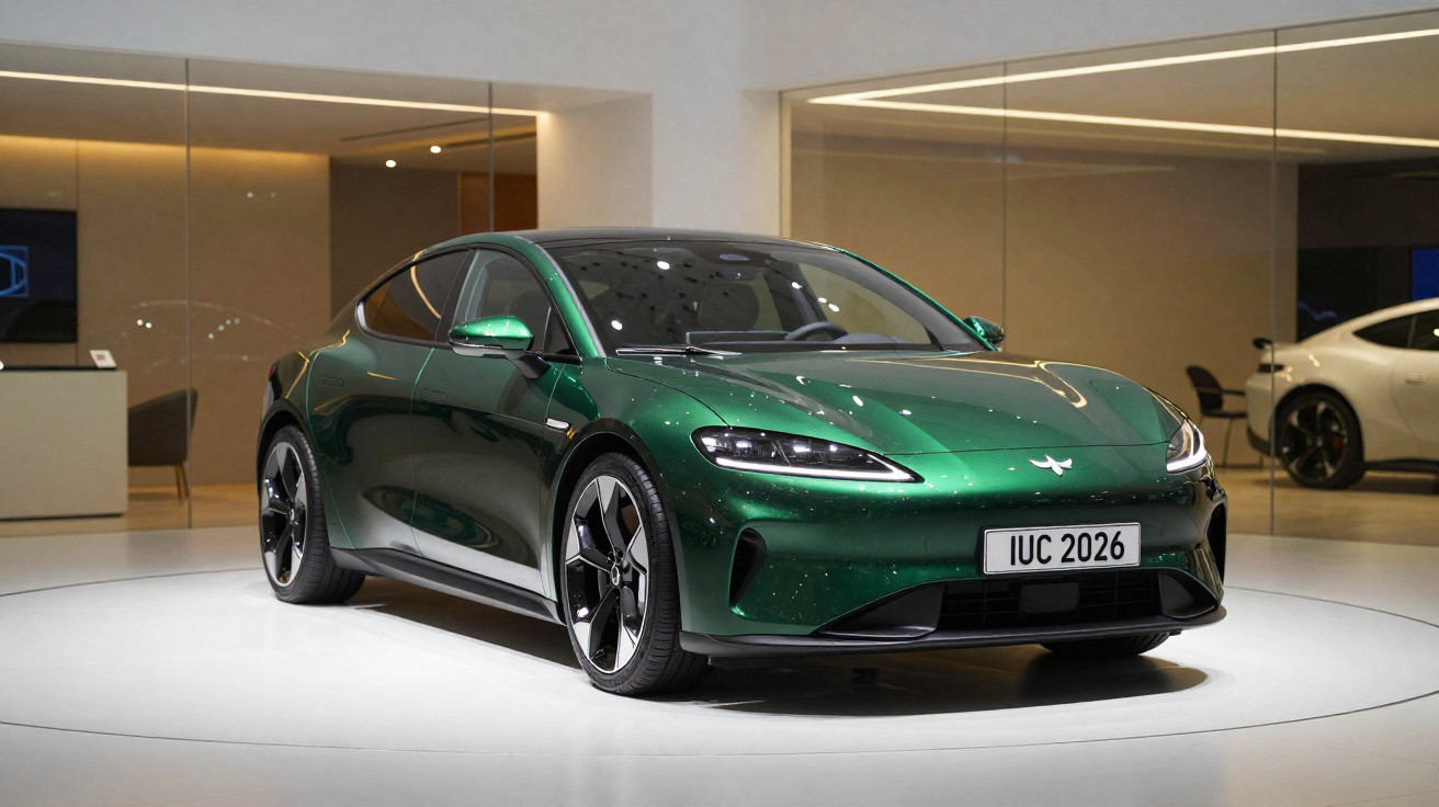 Carro esportivo elétrico verde, modelo moderno, exibido em salão com piso branco e fundo espelhado.