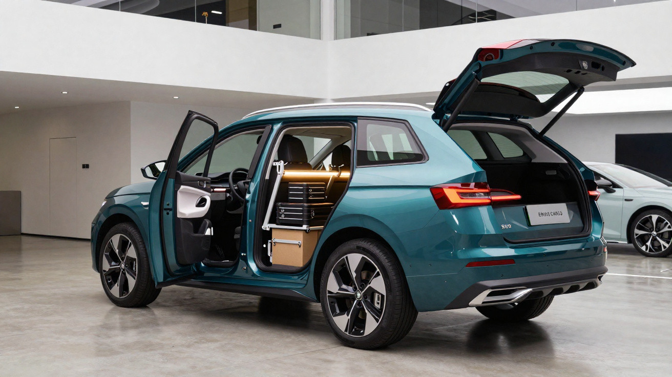 Carro elétrico azul com portas e porta-malas abertos, exibindo malas organizadas no interior, em showroom moderno.