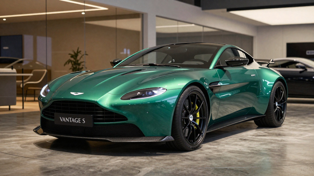 Carro esportivo Aston Martin Vantage S verde metálico exibido em showroom moderno com piso cinza.