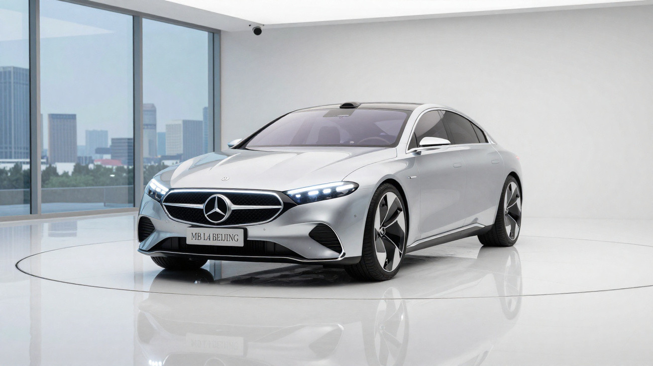Carro Mercedes-Benz elétrico prata em exposição em ambiente moderno com janelas amplas.