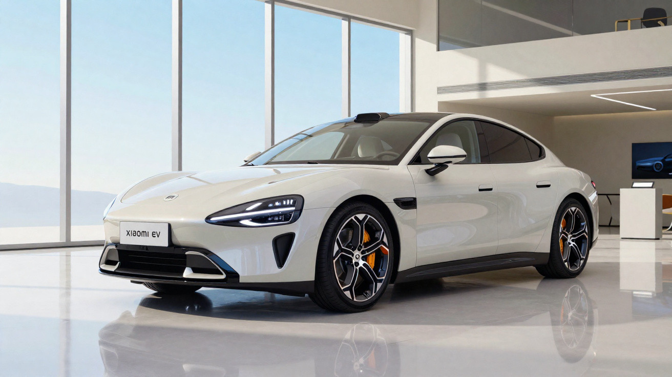 Carro elétrico branco Xiaomi EV em showroom moderno com grandes janelas e chão brilhante.
