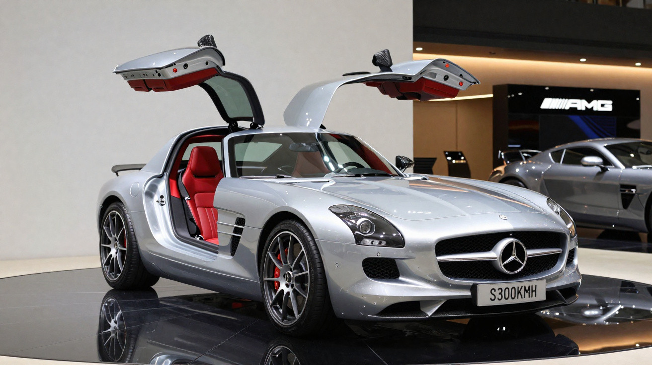 Carro esportivo Mercedes-Benz prata com portas em formato asa de gaivota abertas em exposição.