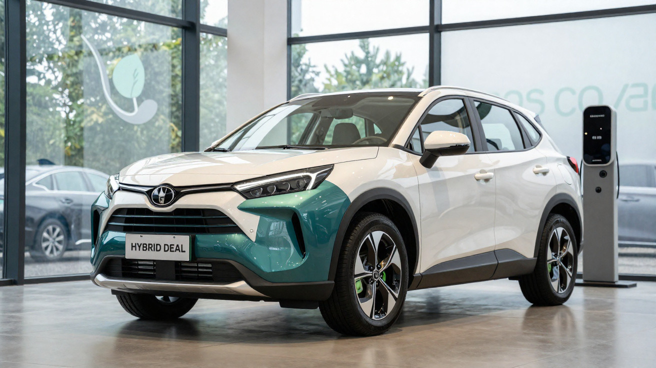Carro híbrido branco com detalhes verdes exposto em showroom moderno com parede de vidro e estação de recarga.