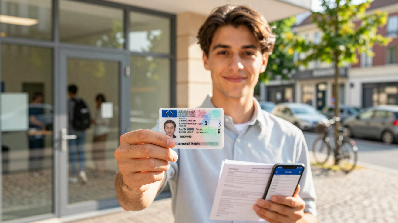 Jovem segurando carteira de motorista europeia, documentos e celular em ambiente urbano externo.