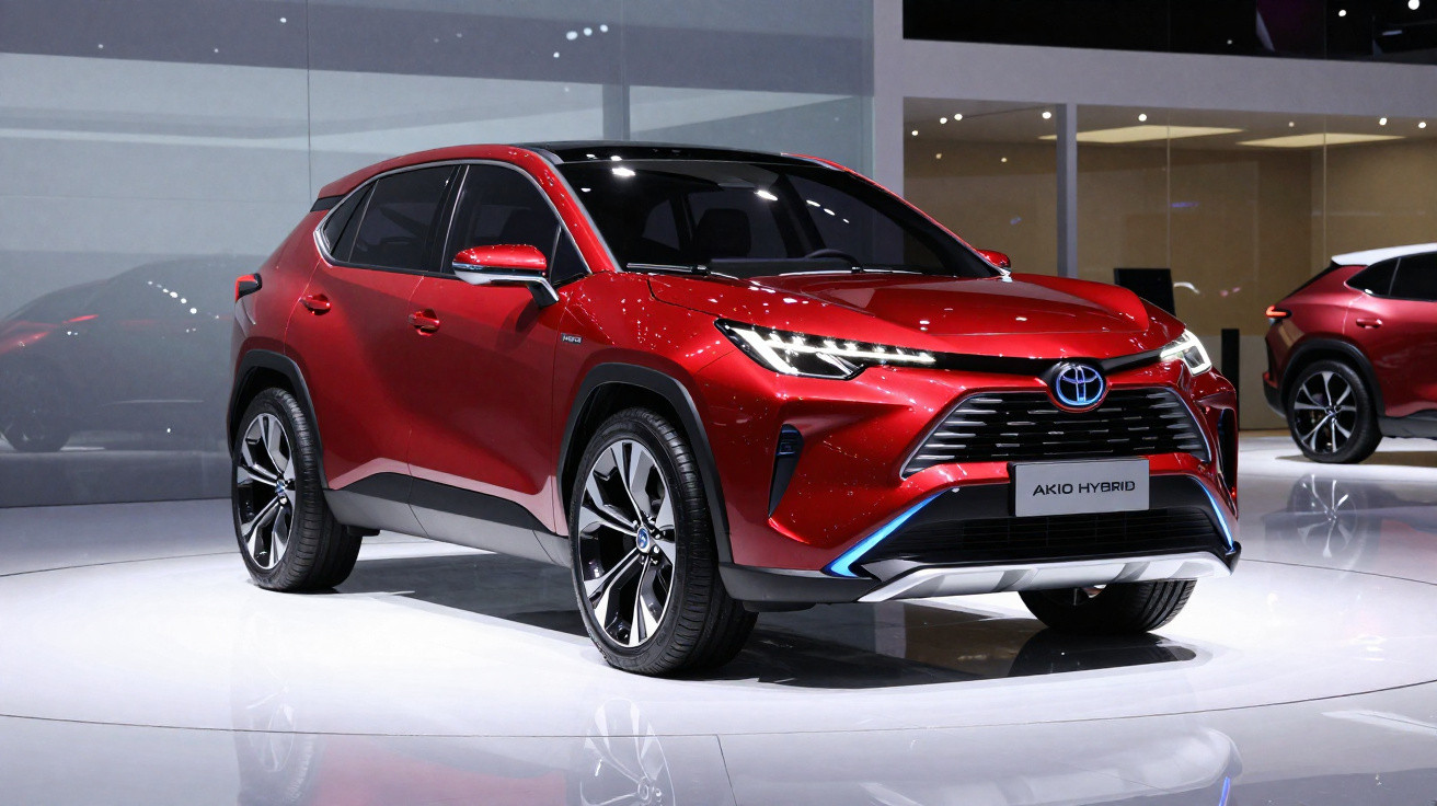 Carro SUV Toyota Akio Hybrid vermelho em exposição, com design moderno e rodas grandes.
