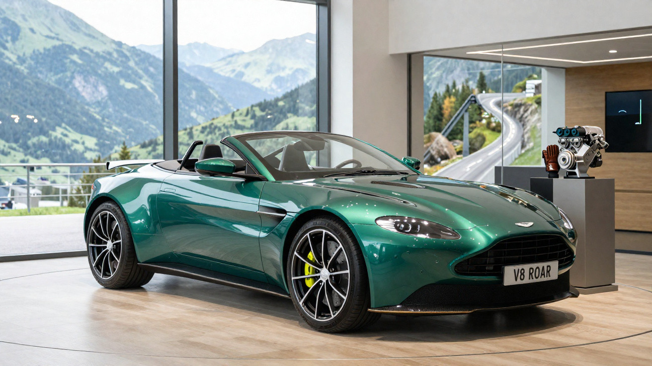 Carro esportivo conversível verde em showroom com janelas grandes e vista de montanhas ao fundo.