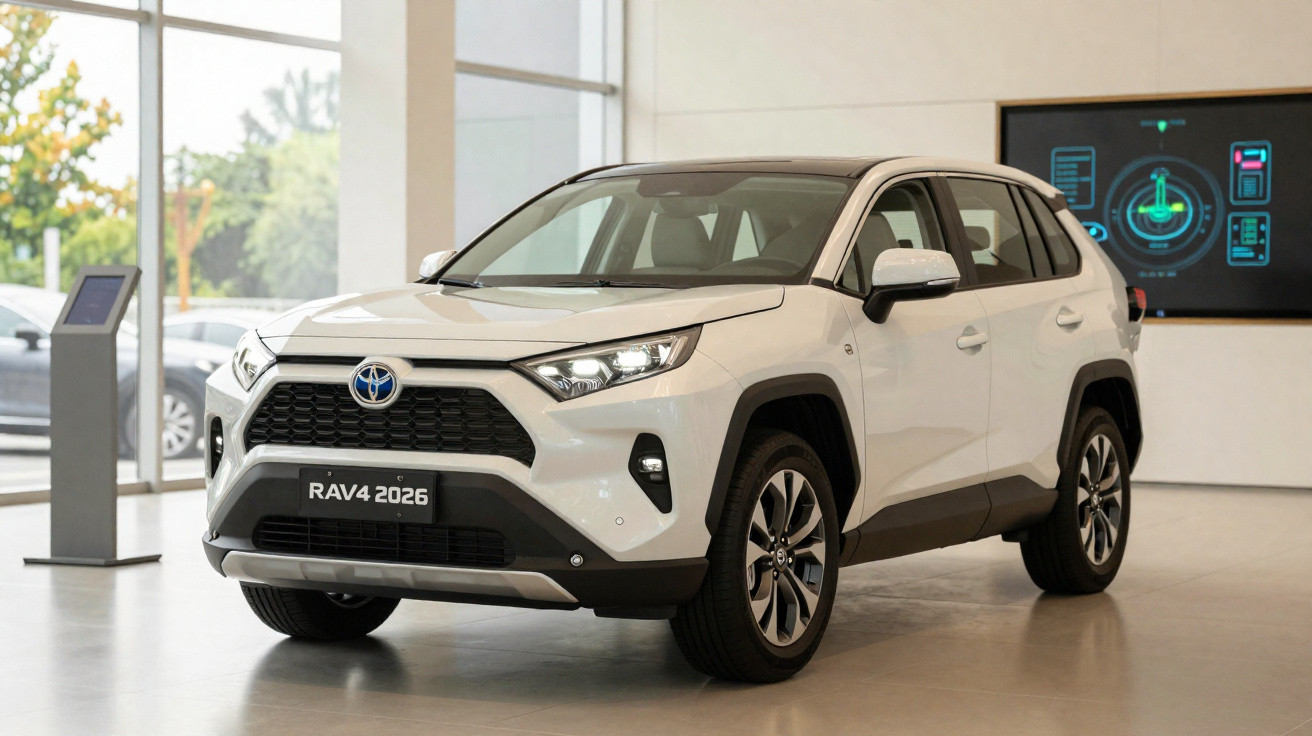 Carro Toyota RAV4 2026 branco exibido em showroom moderno com iluminação natural.