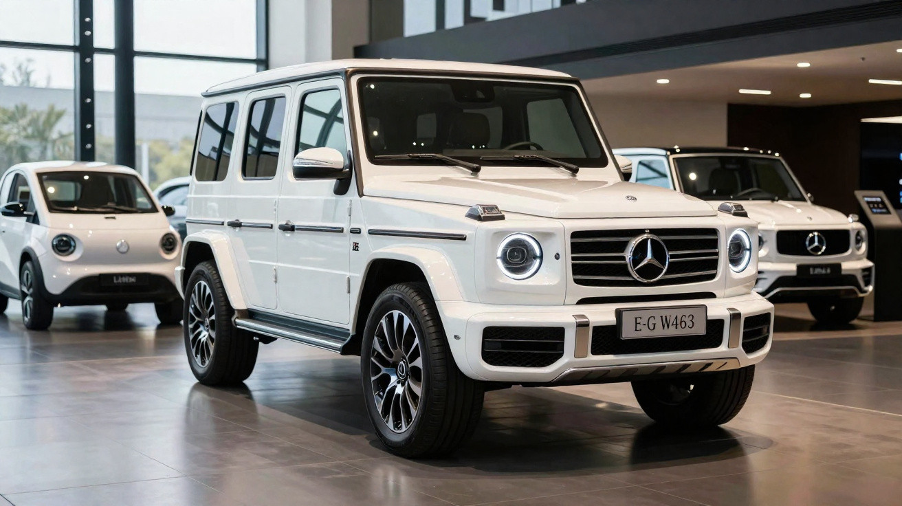 Carros Mercedes-Benz Brancos expostos em showroom moderno com grande janela de vidro ao fundo.