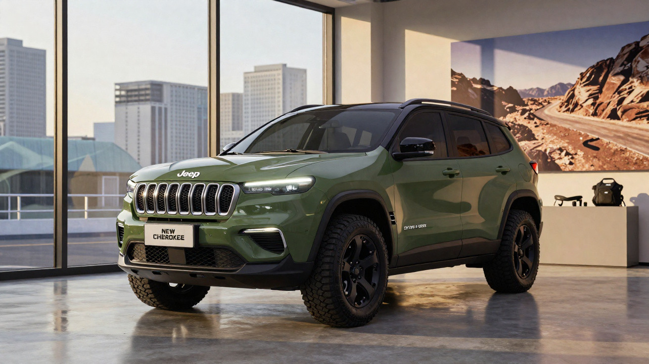 SUV Jeep New Cherokee verde com teto preto exibido em showroom com janelas grandes e vista urbana.