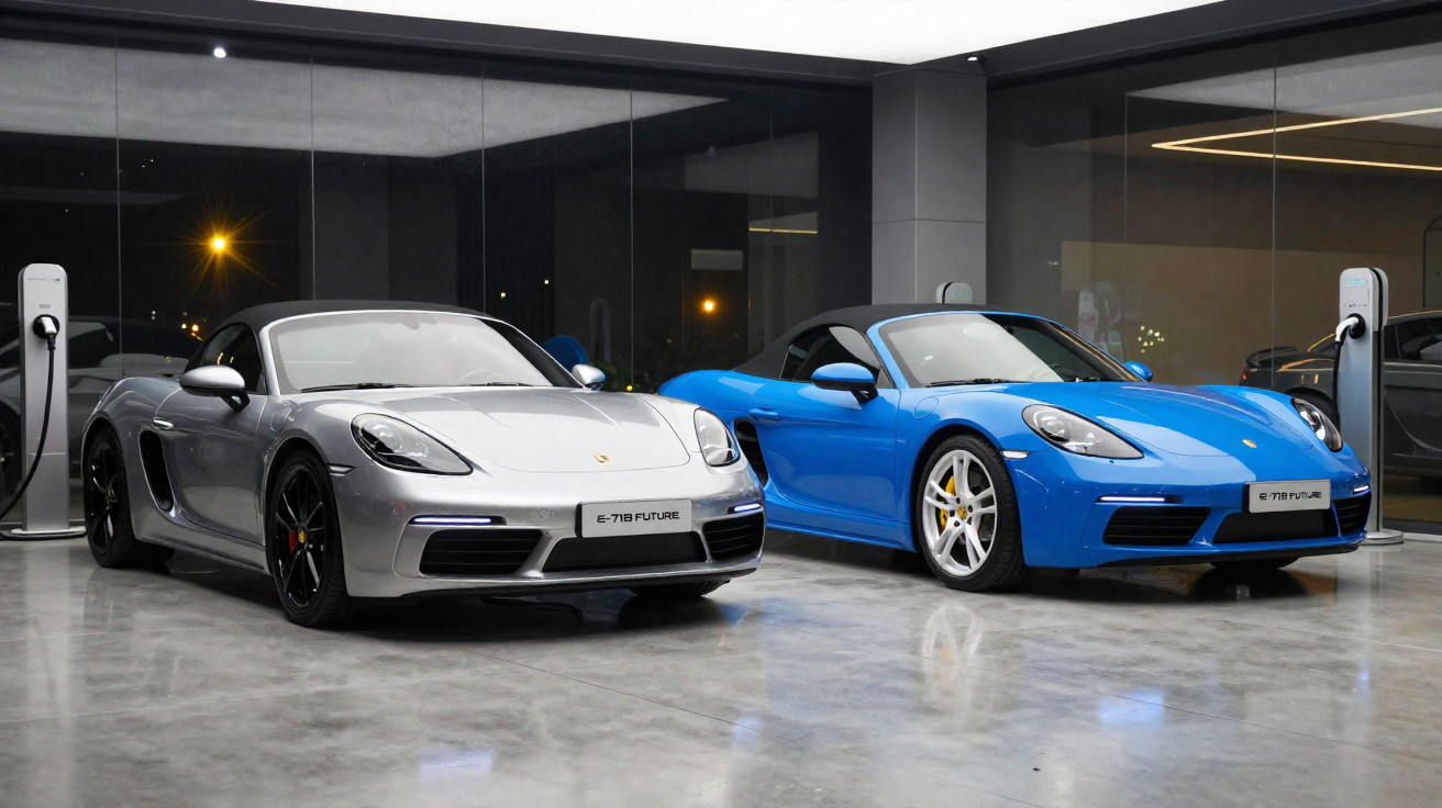 Dois carros esportivos conversíveis Porsche estacionados em ambiente interno com piso de concreto polido.