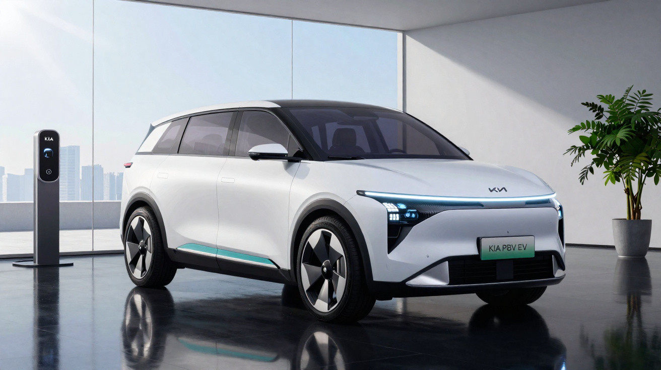 Carro elétrico branco Kia EV estacionado em ambiente interno moderno com estação de recarga ao lado.