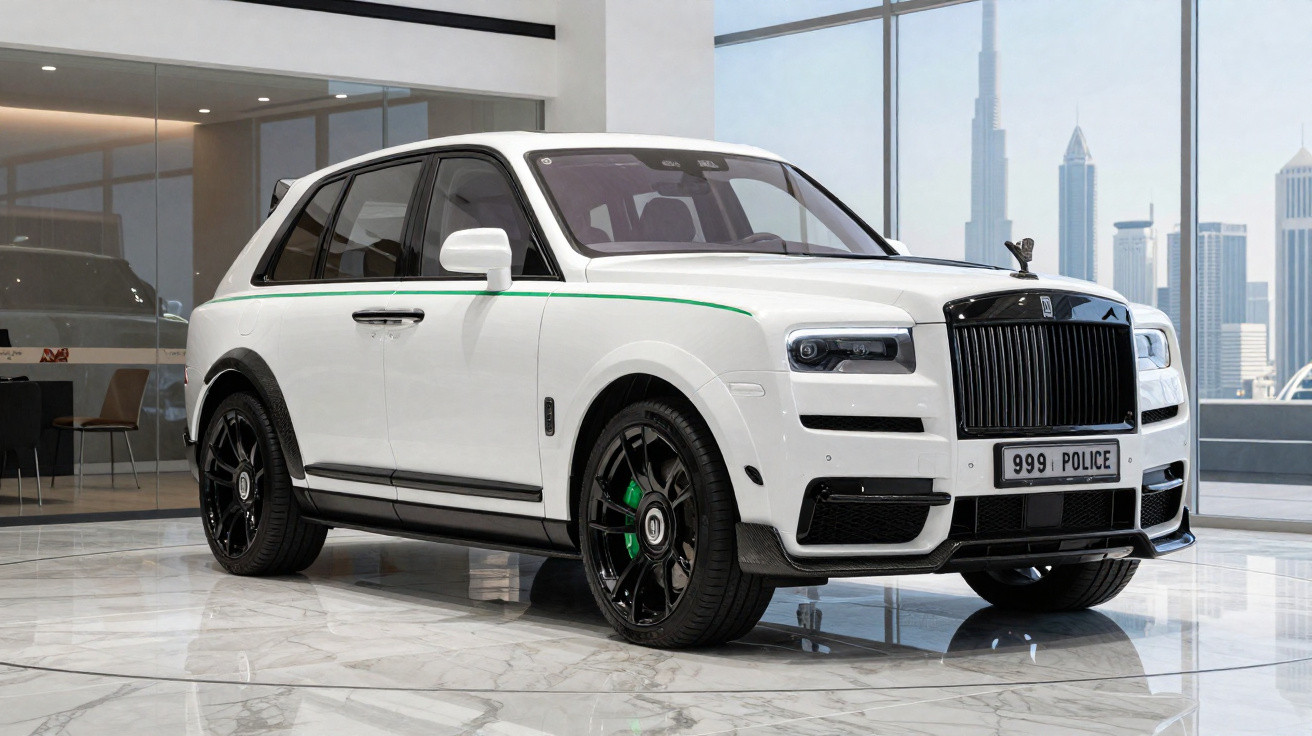 Carro SUV branco de luxo Rolls-Royce Cullinan estacionado em ambiente interno com fundo urbano ao fundo.