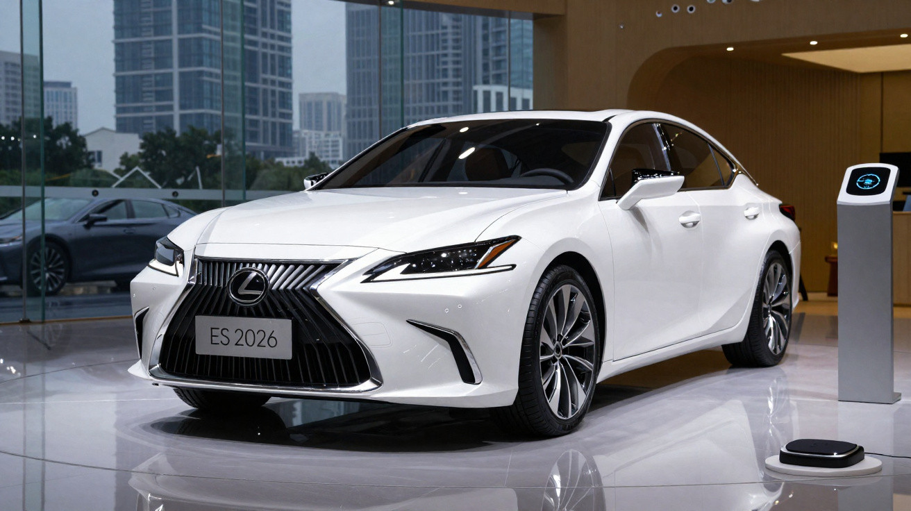 Carro branco Lexus ES 2026 exposto em showroom moderno com edifícios ao fundo e carregador elétrico próximo.