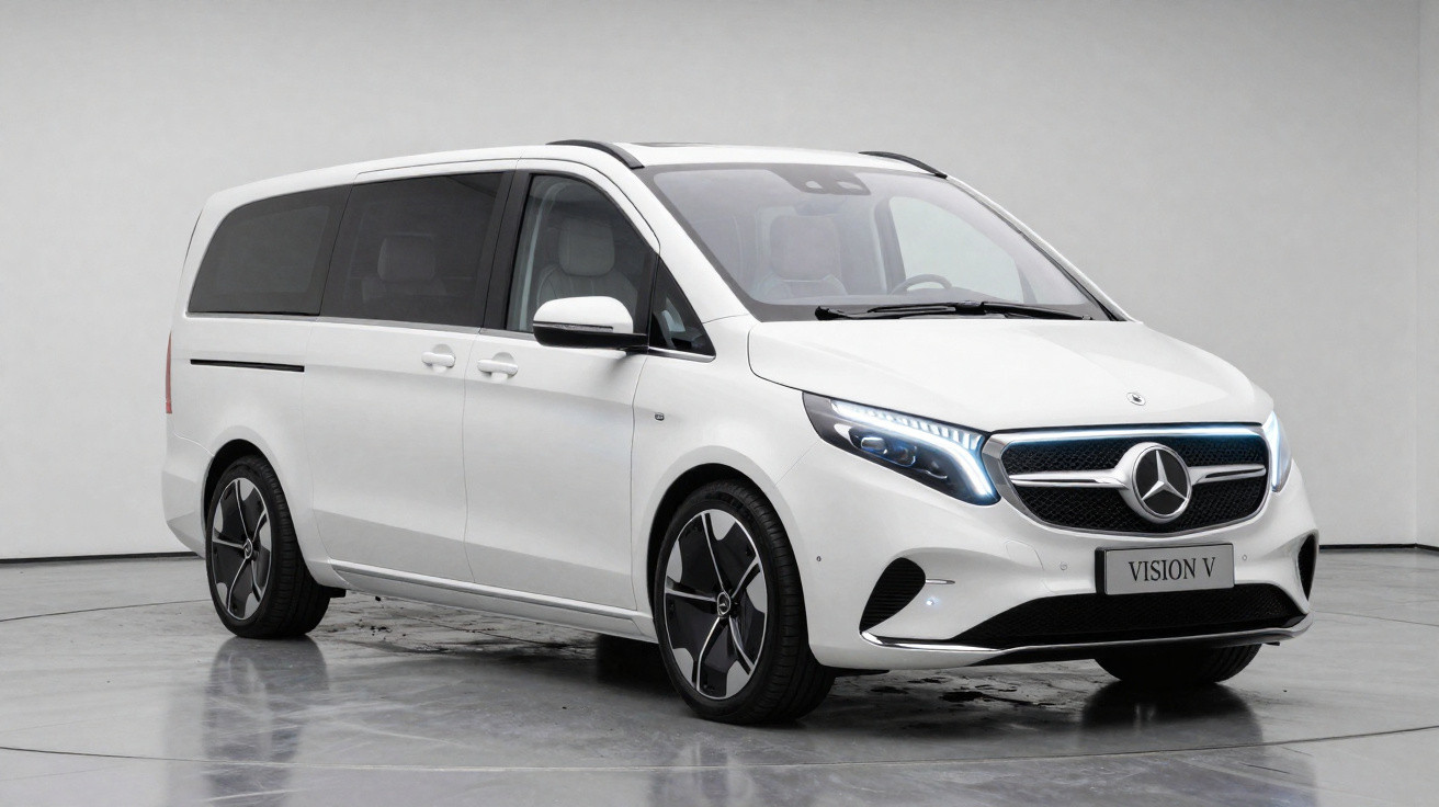 Carro Mercedes-Benz Vision V branco, veículo grande e moderno em ambiente interno neutro, vista frontal.