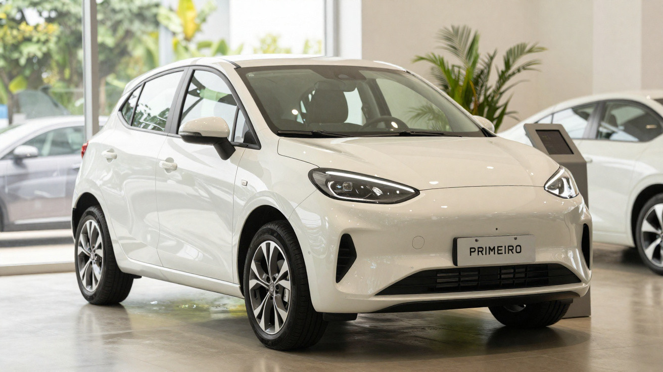 Carro compacto branco em exposição dentro de concessionária, com luz natural e placas com a inscrição "Primeiro".