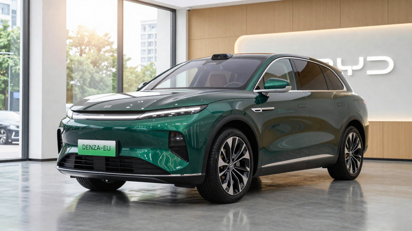 SUV elétrico verde Denza EU exposto em showroom moderno com paredes de madeira clara