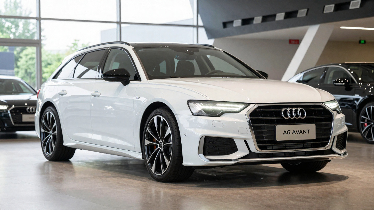 Carro Audi A6 Avant branco estacionado em showroom moderno com teto solar e rodas pretas.