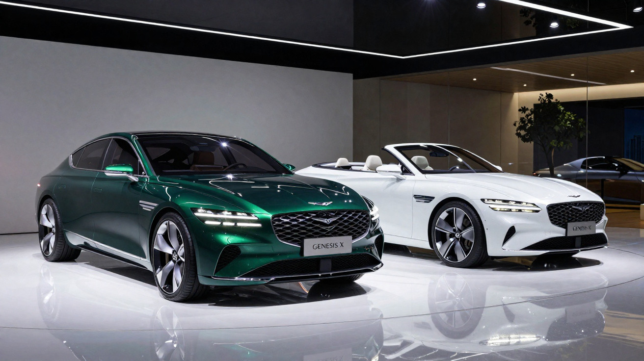 Dois carros Genesis X luxuosos, um verde coupé e um branco conversível, em exposição interna moderna.