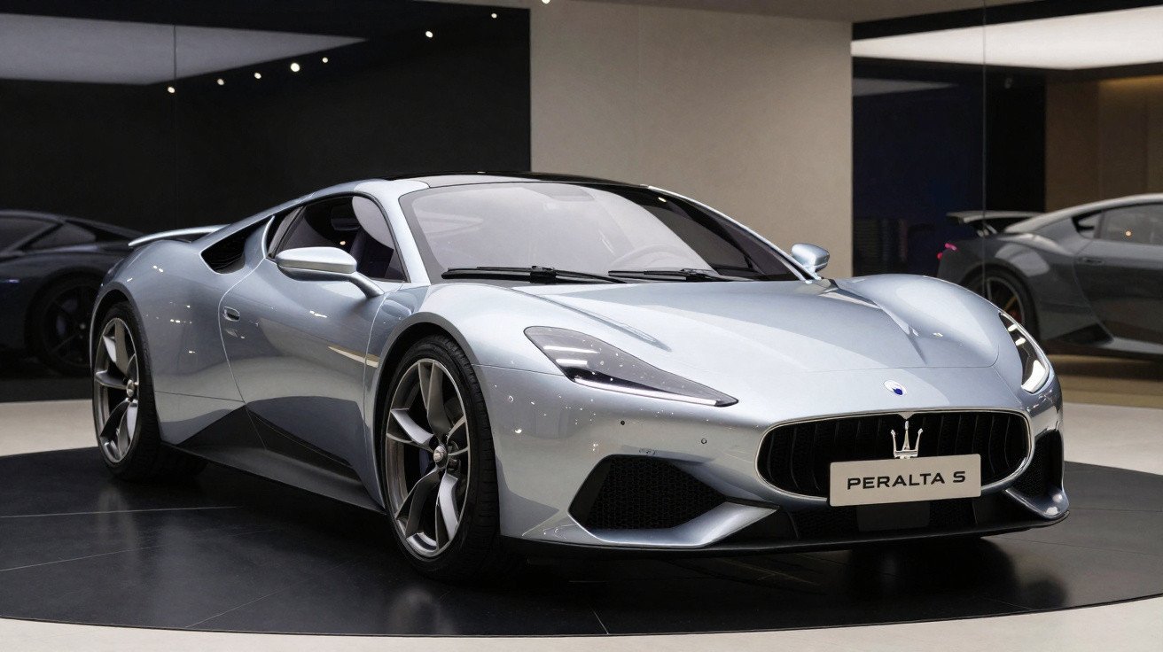 Carro esportivo prata Maserati Peralta S exposto em ambiente interno com fundo espelhado.