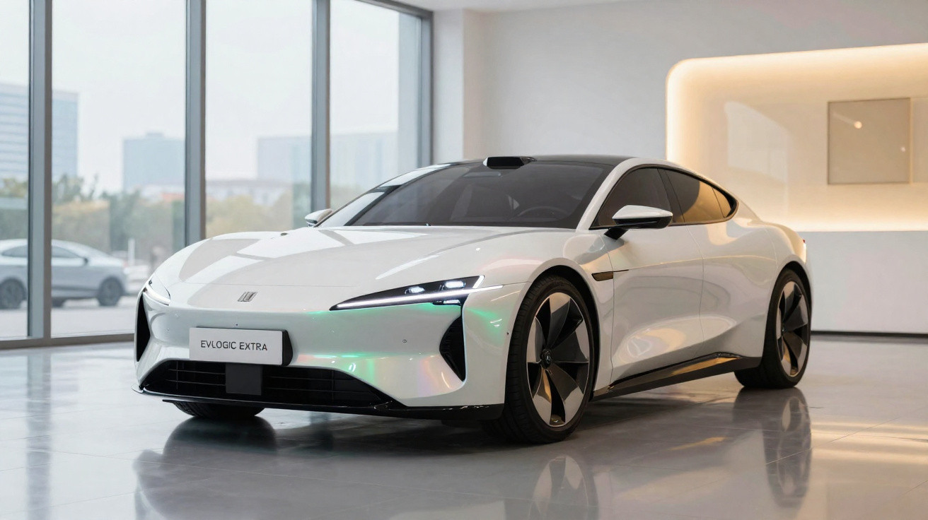 Carro elétrico esportivo branco Evlogic Extra em showroom moderno com piso reflexivo e paredes claras.