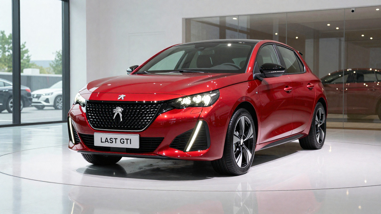 Carro vermelho Peugeot Last GTI exibido em showroom moderno com luzes acesas e piso branco brilhante.